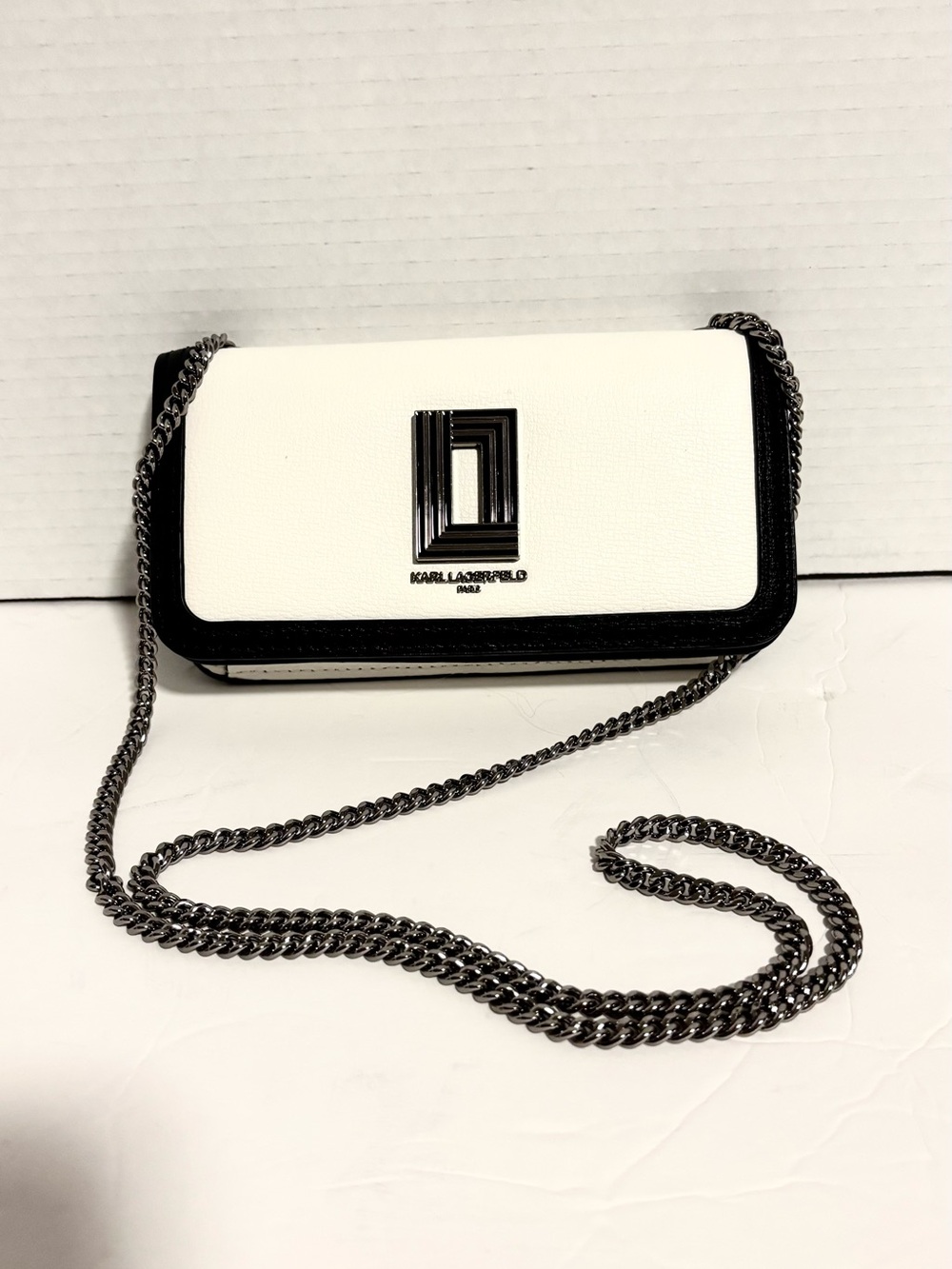 NEW Karl Lagerfeld Paris Kosette White and BlackTextured  Logo Chain Crossbody